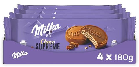 MILKA - Choco Suprême - Lot de 4 Boîtes de Choco Suprême - Gaufrettes Croustillantes Enrobées de Chocolat au Lait Milka et Fourrage Goût Cacao - Idéal pour le Goûter des Enfants - Lot de 4x180g