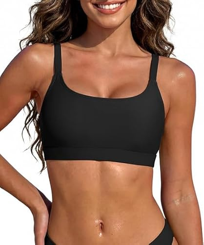 Zando Bikini Tops for Women UK Adjustable Shoulder Straps Black Bikini Top Sports Swim Bra Beach Bathing Suits Plain Scoop Neck Women's Bikini Tops, Black-Flat, S