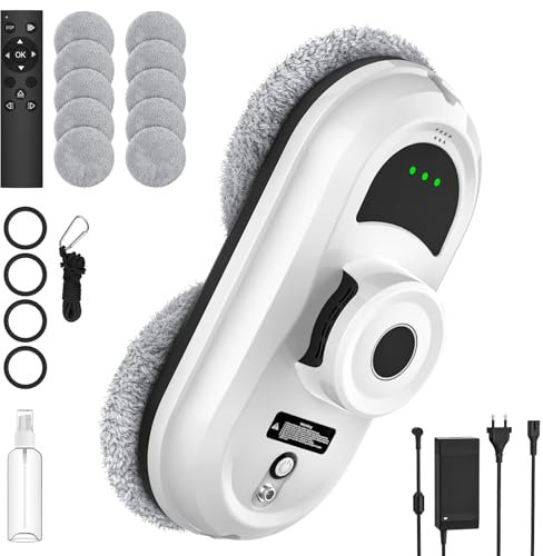 Fensterputzroboter, 5600 Pa Fensterreiniger Elektrisch mit 3 Reinigungsmodi, Intelligente Navigation, Fernbedienung, Sicherheitssystem und 10 Reinigungstücher, für Glatte Oberflächen