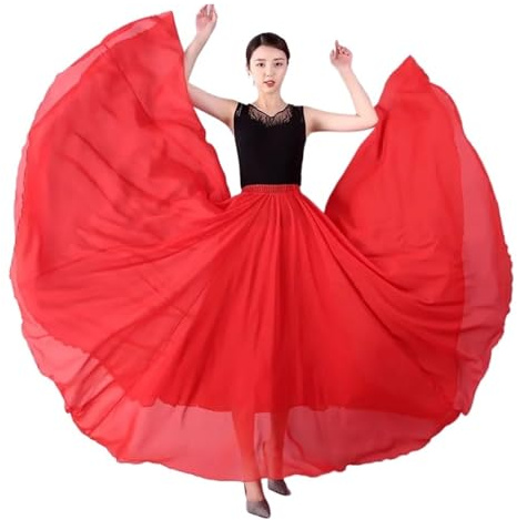 Gonna in chiffon da 720 gradi, danza del ventre, gonna lunga da zingara, gonna da ballo, gonna da ballo in oro viola tinta unita, da ballerina Utilizzato per Spettacoli Teatrali(Bright red,Length100cm