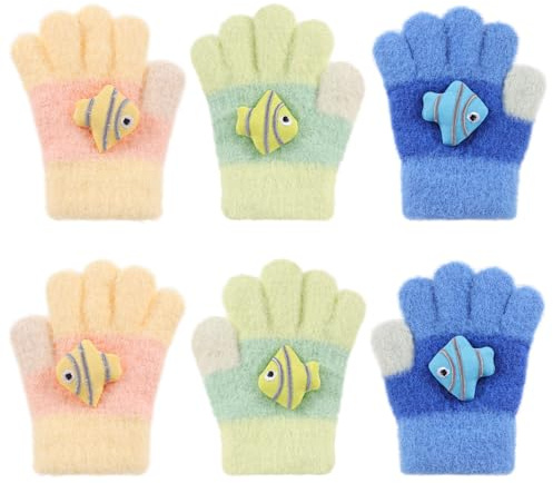 Jupsk Baby Winterhandschuhe Fingerhandschuhe Gestrickte Vollfinger Warme Flauschige Fisch Fäustlinge für Kleinkinder Jungen Mädchen 1-2 Jahre, 3 Paare