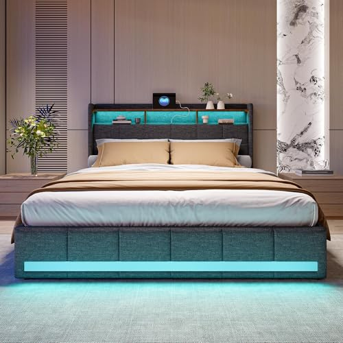 WSOFZMO Doppel Bett 140x200 mit Lattenrost, Boxspringbett 140x200, Doppelbett Polsterbett mit Stauraum, Betten mit 4 Schubladen, LED und 2 USB, 1 Type-c, Leinen, ohne Matratze (grau, 140 * 200)