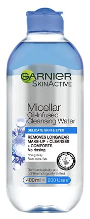 Garnier Micellar Cleansing Water For Delicate Skin 400ml, Cleanser & Makeup Remover For Delicate Skin & Eyes, Recognised By The British Skin Foundation, Use With Reusable Micellar Eco Pads