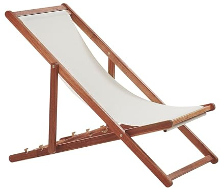Beliani Tumbona de jardín de Tela Beige Madera de Acacia marrón Oscuro reclinable Plegable Anzio