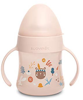 Suavinex, Vaso Aprendizaje Bebé con Boquilla de Silicona Suave y Asas, Biberón con Asas First, con Sistema Anticólico y Tapa Protectora, 150 ml, para Bébés +4 Meses, Apto Lavavajillas, Rosa