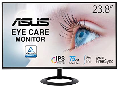 ASUS Eye Care VZ24EHE - 24 Zoll Full HD Monitor - Schlankes Design, Rahmenlos, Flicker-Free, Blaulichtfilter, FreeSync - 75 Hz, 16:9 IPS Panel, 1920x1080 - HDMI, D-Sub