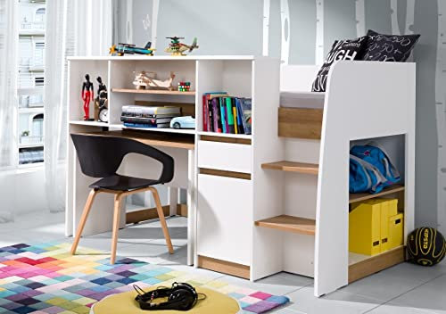 Marmex Grant - Bett mit Schreibtisch, Bett für Kinderzimmer, Schlafzimmer, Kinderbett, Jugendbett - Funktionsfähiges Kinderbett - 205x128x117,5 weiß + Riviera Eiche