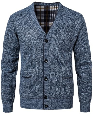KTWOLEN Men's Cardigan Sweater Slim Fit Button Up Knitwear Fleece Lined Cardigans Long Sleeve Ribbed Knit Coat with Front Pockets, Blue, XXL