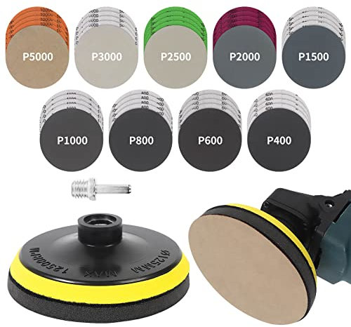 Pomsare 45PCS 5 Inch Wet Dry Sanding Discs Kit with Hook and Loop Backing Pad 5/8-11 and Foam, Angle Grinder Drill Sanding Attachment, Sander for Drill 400 to 5000 Grits Sandpaper for Wood Metal Car