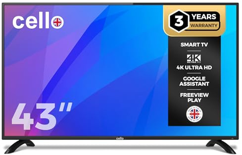 Cello Y22ZG0234 Google 43 inch Smart Android TV, 3 Years Warranty, Freeview Play, Google Assistant, Google Chromecast, Disney+, Prime Video, Apple TV+, BBC iPlayer Full HD 1080p, Made in the UK