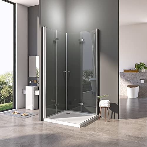 Duschkabine 80x80cm Eckeinstieg Dusche Falttür 180º Duschabtrennung aus 6 mm NANO-Glas Duschkabine Scharniertür,Kann auf Einer Duschwanne oder Direkt auf Dem Boden Montiert Werden,Höhe 185cm