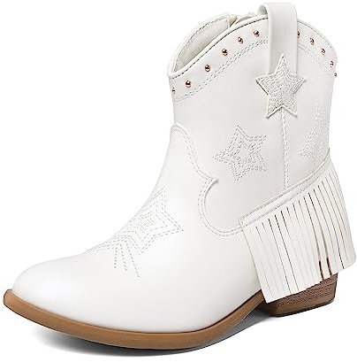 DREAM PAIRS Kids Stylish Western Boots | Pairs with jeans shorts or dresses, star embroidery, tassel detail, soft lining, low heel, side zipper, non-slip