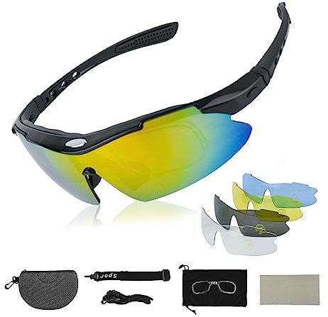 Zequech Polarisierte Fahrradbrille mit schwarzem Rahmen, 5 verschiedene Szenenfunktionen, austauschbare Gläser, Outdoor-Sport, abnehmbare Brille, Kordel für Fahren, geringe Sichtbarkeit, Angeln