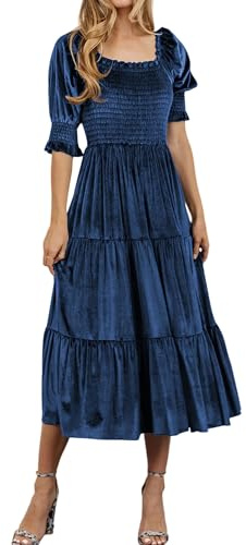 R.Vivimos Automne Hiver Femme Robe Velours Col Carré Manches Bouffantes Robe Midi Smock Une Ligne Volants Robe Longue