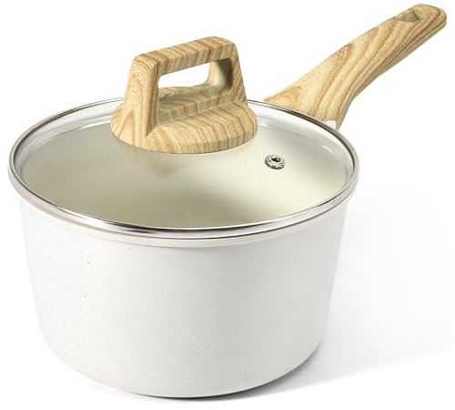 GiPP Nonstick Sauce Pan with Lid - 2.5L Small Sauce Pot Non Stick Cooking Pot with Stay-Cool Handle, Kitchen Pots Granite Saucepan Induction Compatible, PFOA Free(White, 18cm)
