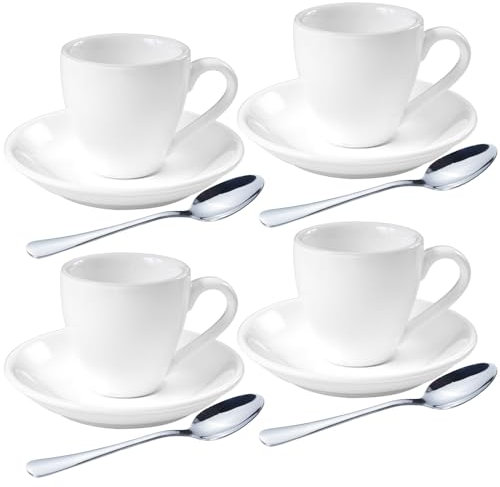 homEdge Espresso-Schnapsbecher-Set aus Porzellan mit Untertassen und Edelstahllöffeln, 80 ml, Weiß, 4 Stück