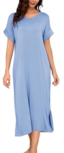 Litherday nattlinne dam långa nattkläder 95% bomull nattlinne rund hals sovskjorta loungewear korta ärmar sovskjorta, Ljusblå, S