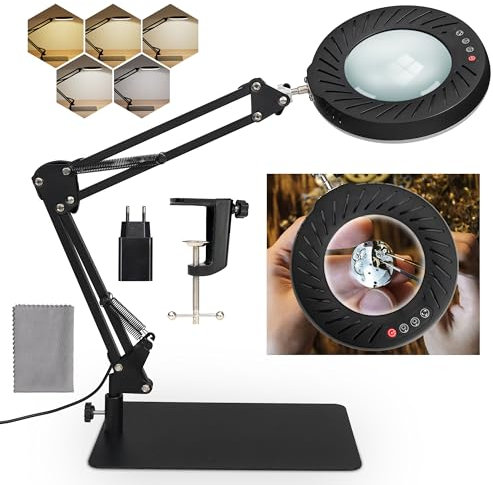 RealPlus 10X Lupe mit Licht und Ständer, 5 Einstellbare Farben und 10 Helligkeitsstufen, Lupenlampe mit 144 LEDs, Diamond Painting Zubehör, Ideal für Handarbeit, Handarbeiten, Bücher und mehr