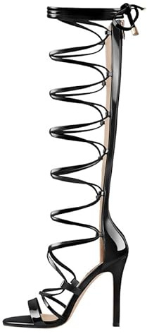 VERISSON Sandales à talons hauts pour femme avec fermeture éclair - Sandales stiletto à lanières - Sandales romaines montantes jusqu'au genou - Sandales métalliques noires - 38 EU