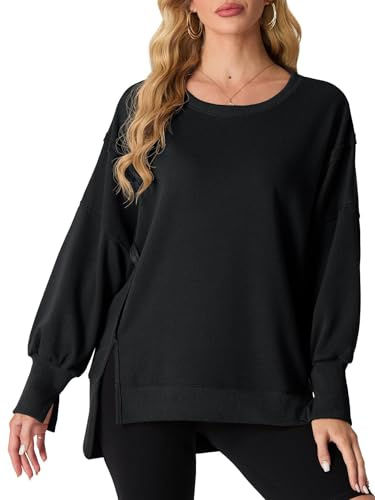 QIXING Maglione da donna, oversize, con scollo rotondo, in cotone, a maniche lunghe, per autunno, alla moda, 2024, orlo asimmetrico con spacco laterale, Nero , L