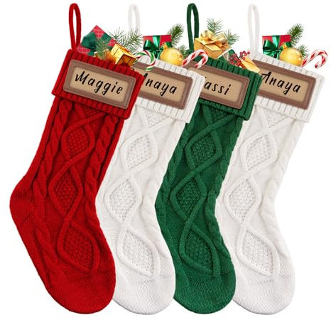Leipple Personalized Christmas Stocking with Leather Patches Custom Name Family Christmas Stockings, 18” Large Knitted Xmas Stockings for Kids, Holiday and Fireplace Party Decoration（4Pcs）