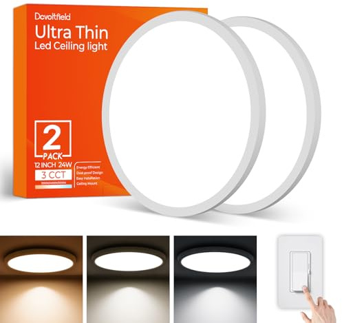2Pack 12Inch LED Flush Mount Ceiling Light Fixture,24W 2400LM,Dimmable CCT 3000K/4000K/5000K,Round Flat Panel Light for Bedroom,0.7Inch Thin Modern Low Profile Hardwire Lights for Hallway,Porch