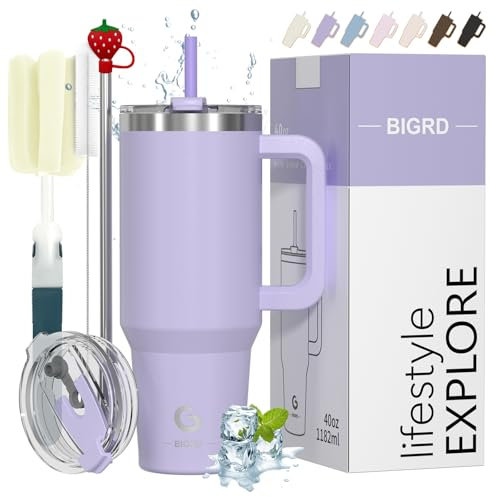 BIGRD Thermobecher mit Strohhalm und Deckel Auslaufsicher Doppelwandiger Edelstahl 1.2L, Kaffeebecher To Go Trinkflasche Sport Travel Mug 6h heiß und 12h kalt,BPA-frei,Lila