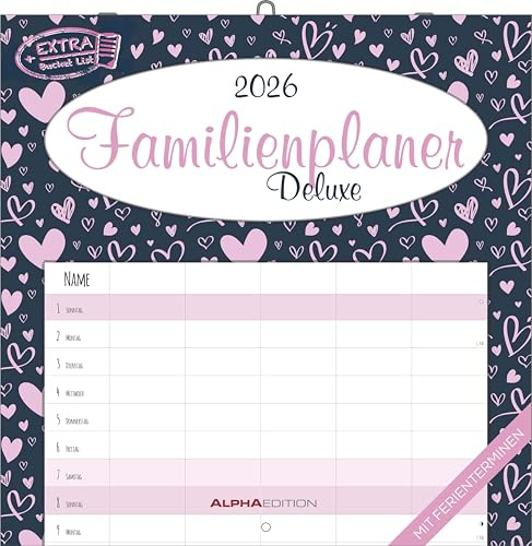 Alpha Edition - Familienplaner Deluxe Kalender 2026 – 30x30 cm – Broschürenkalender mit 5 Spalten & Platz für Notizen – Familienkalender mit Feiertagen & Ferienterminen – FSC-zertifiziert