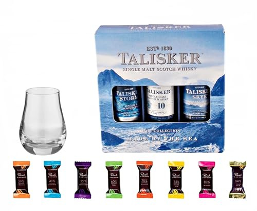 Talisker Whisky Set 3 Miniaturen je 50ml + 1 Spey Dram Glas + 8 Edelschokoladen Whisky Geschenkset, Männergeschenke Whiskyschokolade