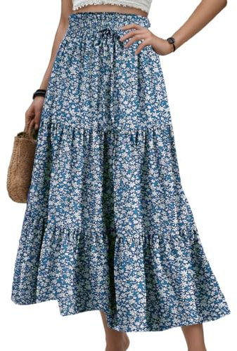 EMOTTOS Jupe Maxi d'été bohème Taille Haute élastique Ourlet à Volants Ample Ligne bohème Vintage Plage Cordon de Serrage Longue Jupe Fluide plissée Bleu, S