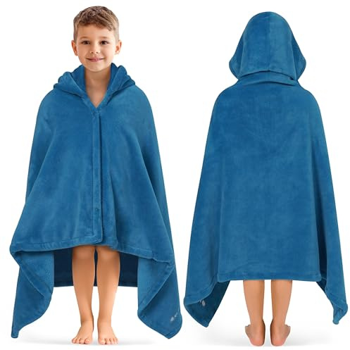 PAVILIA Fleece Hooded Towel for Kids, Swim Shower Bath Wrap, Teal Blue