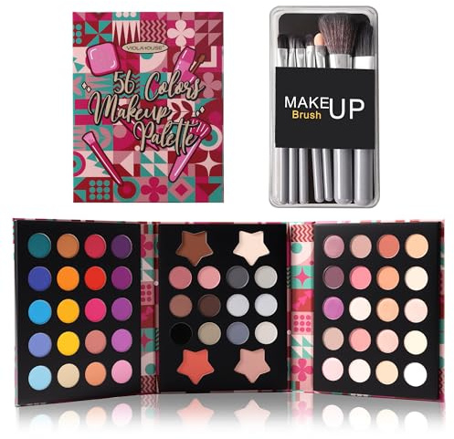 VIOLA HOUSE Paleta de sombras de ojos de 56 colores, kit de maquillaje con sombras de ojos mate, brillantes y con purpurina, set de maquillaje multicolor con pinceles, maquillaje navideño para mujer