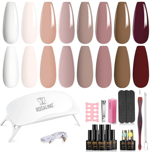 ROSALIND Kit Uñas Semipermanentes con UV LED Lámpara, Mini 8+2 PCS Esmaltes Semipermanentes Kit de Inicio, 8 Colores Blanco, Nude Marrón Soak off Pintauñas Gel Set