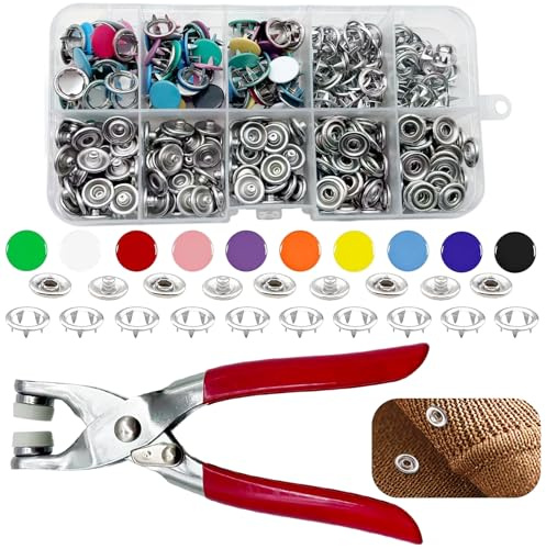 YSDINK Snap Fastener Kit, 9.5mm Metal Poppers with Pressure Pliers, Snap Fasteners No Sewing Needed for DIY Crafts, Clothing, Bags (Silver+Color, 100)