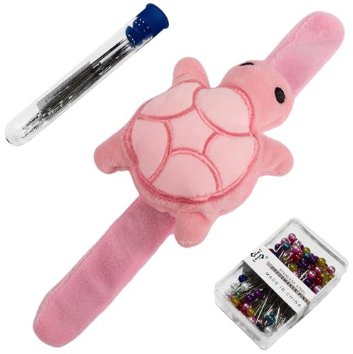 Turtle-Shaped Wrist Pin Cushion for Sewing, Snap Bracelet Wrist Bands Pincushion Organizer for Pins and Needles Include 80 Pearl Ballhead Pins and 18 Sewing Needles, Pink