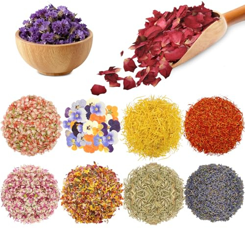 SERAOKICKY 12 Paquetes de pétalos de Flores secas, Conjunto de pétalos 100% Naturales, para jabón, decoración de Tartas, fabricación de Velas, decoración para Fiestas, repostería y Cocina