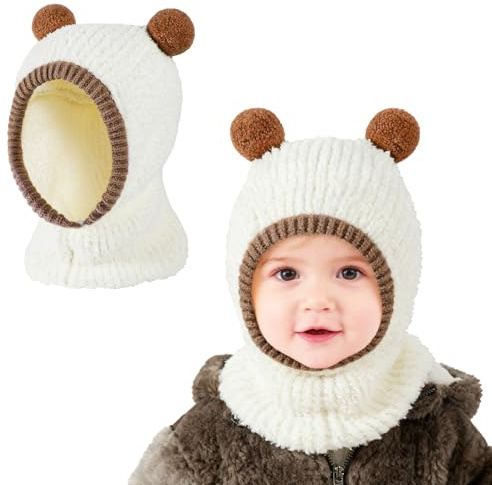 TAGVO Baby barn stickad mössa vinter mössa mjuk stretchig varm mössa med halsvärmare, söt slouch björnöron balaclava stil för pojkar och flickor 1–5 år, Vit, one size