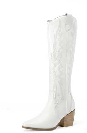 DREAM PAIRS Knähöga cowboystövlar för damer, med spets, tåform | Klassiska västerländska knähöga stövlar med tjock häl, spetsig tå och elegant broderi, komfort hela dagen med dragkedja.