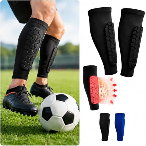 Impact-Absorbing Football Shin Pads Guards, Honeycomb Compression Sleeve Soccer Shin Guards for Defender, Elastic Breathable Knit, 2 Pcs Black (Size XS)
