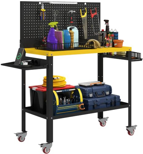 HOMCOM Banco de Trabajo con Ruedas 128x49,5x127,5 cm Negro y Amarillo