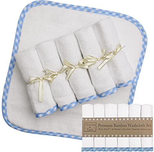 Channing & Yates bébé débarbouillettes - (6-pack) bamboo wash organic baby chiffons - 2x thicker & softer - 10 x 10 po - (bleu sur blanc)