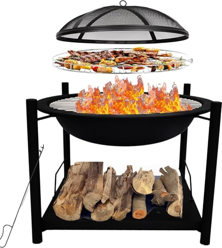 SereneLife Outdoor Wood Fire Pit - 26 Steel BBQ Grill with Mesh Spark Screen, Log Grate, Fire Poker & Cover for Camping, Picnic, Bonfire - Durable, Easy to Assemble, 2 in 1