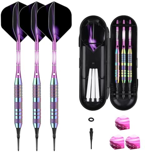 sanfeng Freccette con punta in plastica per bersaglio elettronico 21 grammi freccette morbide con fusto in alluminio viola 6 alette 50 anelli in gomma anti allentati 50 punte