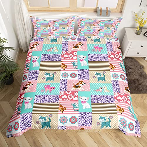 Cat Dog Bedding Set Single Size Vintage Country Style Duvet Cover for Boys Girls 3 Pieces Kids Teens Leopard Stripe Plaid Microfiber Comforter Cover with 1 Pillowcase(Single)