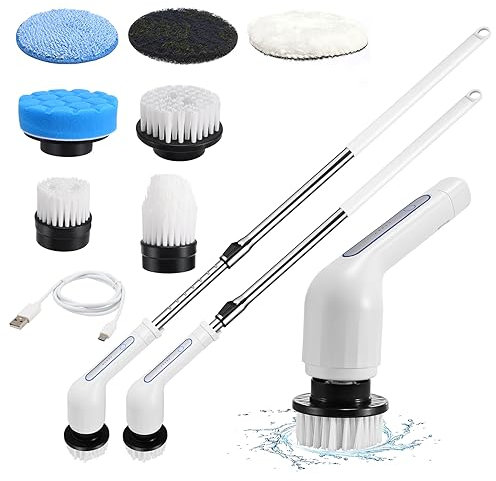 HIUYRFS Elektrische Reinigungsbürste, Schleuderschrubber mit 3 austauschbare Reinigungsköpfe, Verstellbarer Verlängerungsarm 24-116cm, Elektrischer Schrubber für Badezimmer, Badewanne, Fliesen, Boden