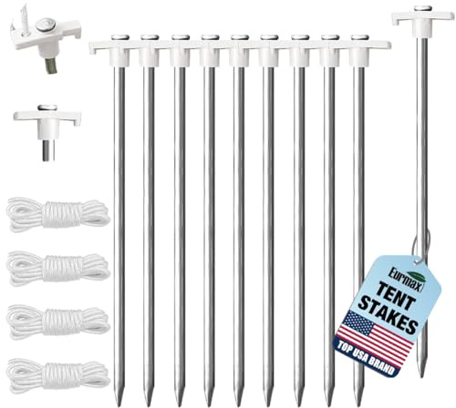 Eurmax USA Galvanized Non-Rust Camping Family Tent Pop Up Tent Stakes Canopy Anchors Heavy Duty 10pc-Pack, with 4x10ft Ropes & 1 White Stopper