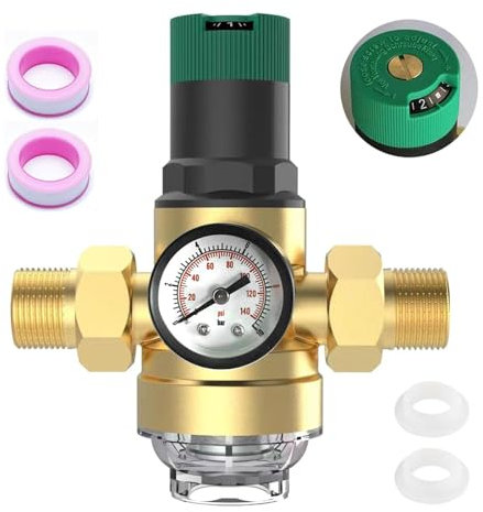 Reducteur de Pression Eau avec Manometre, Filtre à Eau Raccord Domestique 3/4 Réducteur de Pression Réutilisable Pré-filtre Filtre à Sédiments Réducteur de Pression D'eau Laiton