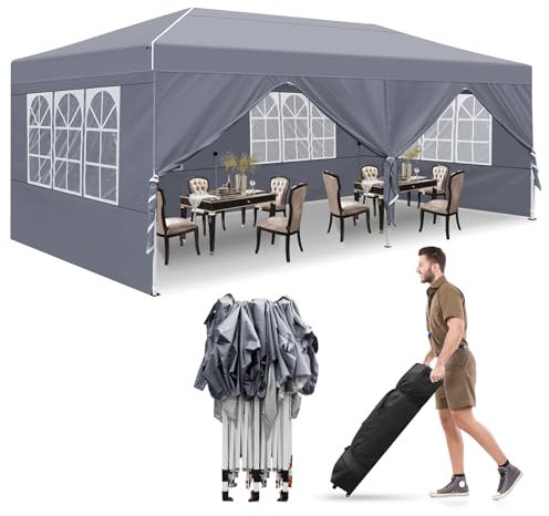 Pop up Gazebo 3m x 6m with 6 Sides, Ej.Victor Heavy Duty Gazebo Marquee with Sun Protection and Waterproof, Party Tent with Wheeled bag and 6 Sandbags Grey
