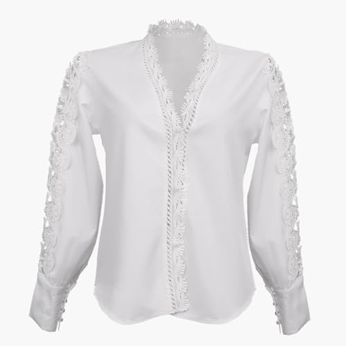 Satohom Camicetta da Donna in Pizzo Patchwork Floreale Smerlato Tops Manica Lunga Scollo a V Camicia Elegante Allentata Casuale Bluse Jacquard Dressy Affari Lavoro T Shirt Top Estiva T-Shirt