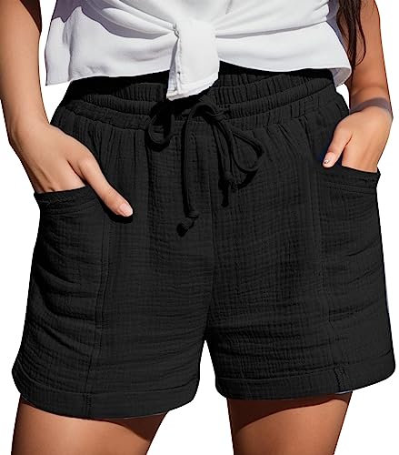 Sale Angebote Shorts Damen Sommer Leinen Musselin Kurze Hose Beach Shorts Mit Taschen Mode Lässige Stoffhose Freizeit Shorts hoher Taille Stretch Gerades Bein Sport Shorts mit Kordelzug Leinenhose